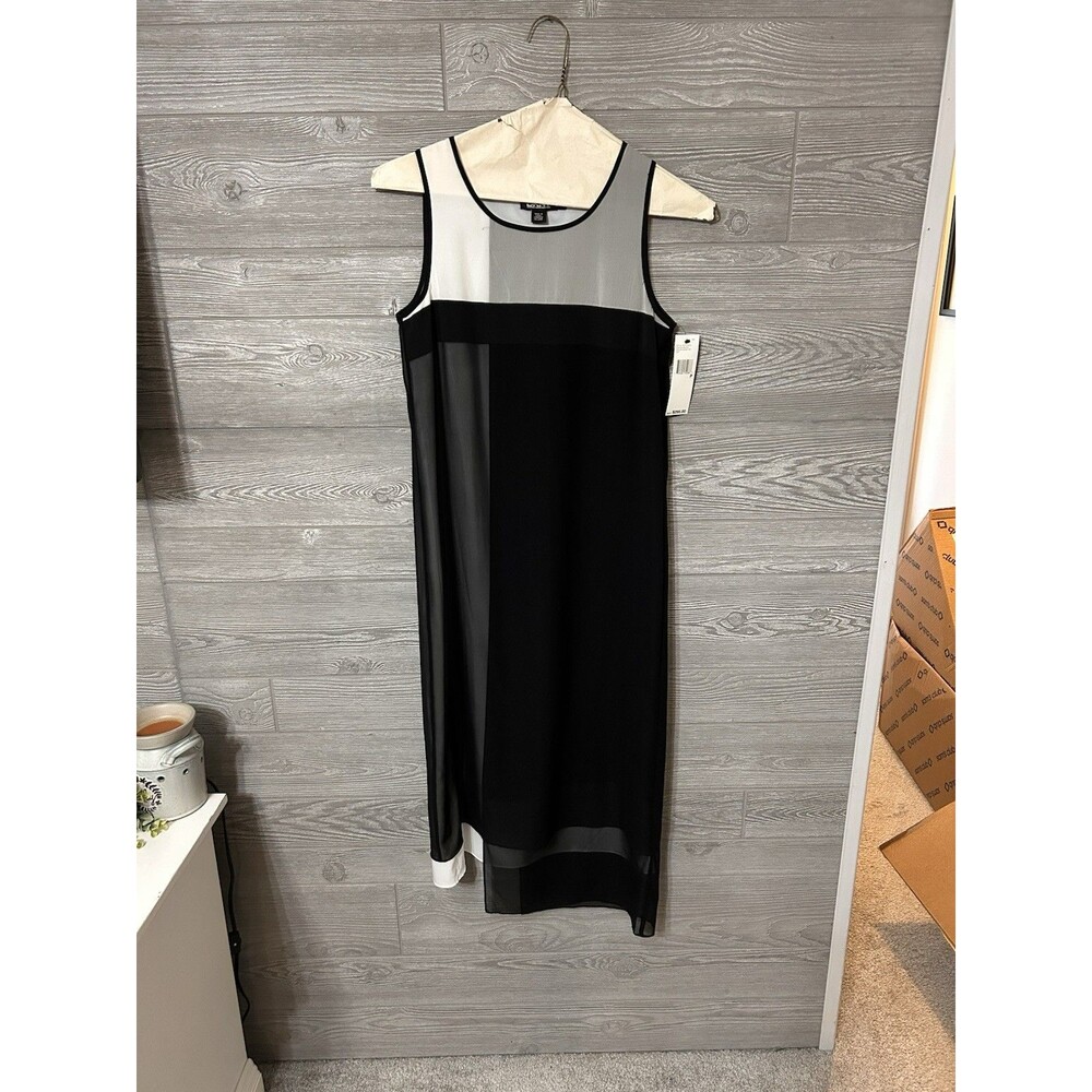 NWT DKNY Women's Dress Black & White Size P Petite A-Line Asymmetric Midi SILK‎